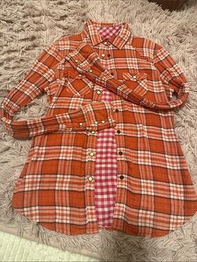 American Eagle Outfitters Orange and Pink Plaid Shirt